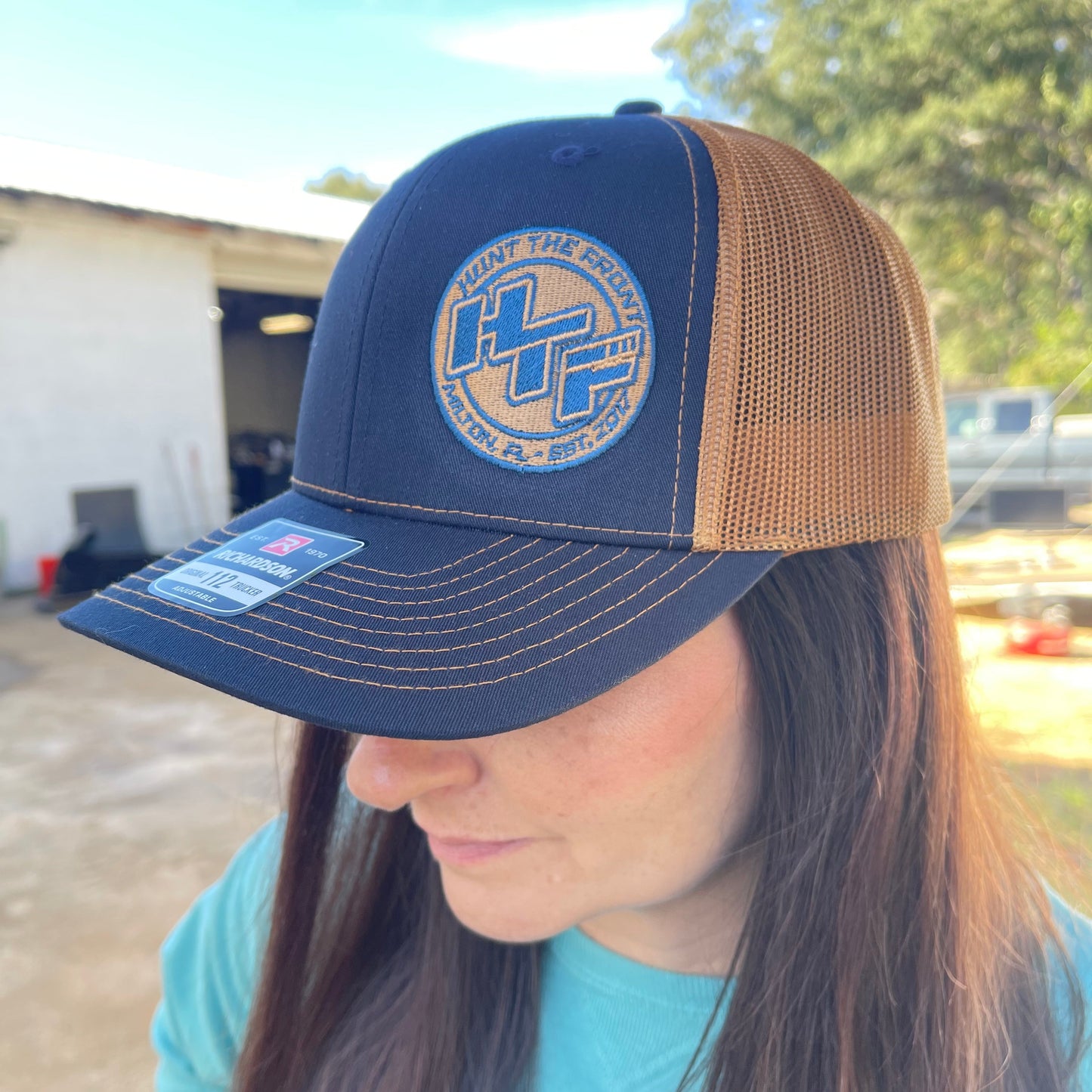 Slanted HTF Circle Logo Trucker Hat - Navy / Caramel