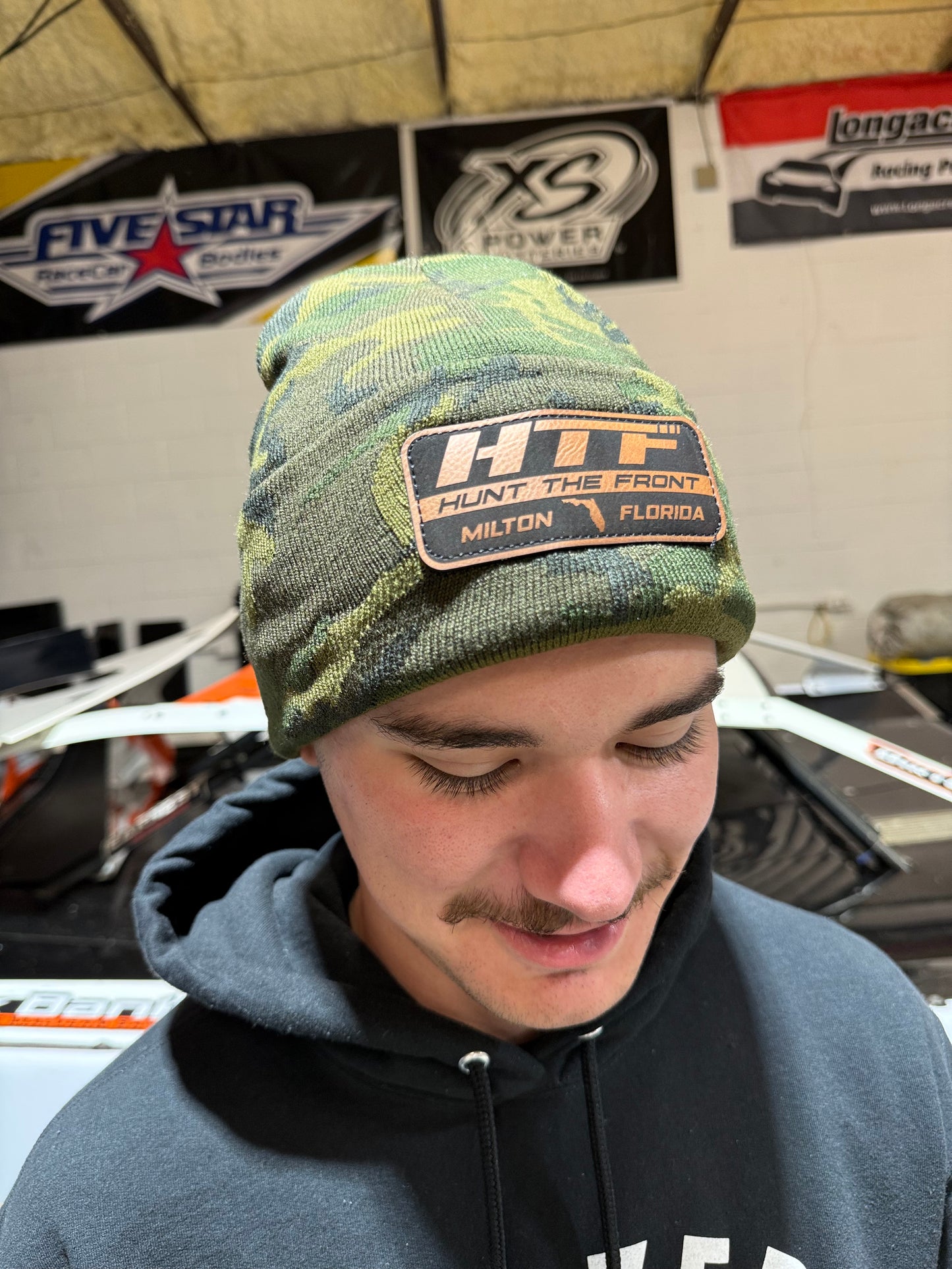 Green Camo Leather Patch Beanie