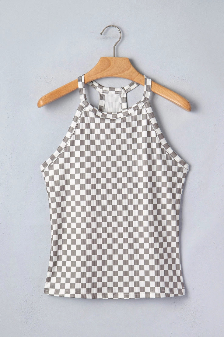 Gray Checkered Texture Halter Neck Tank