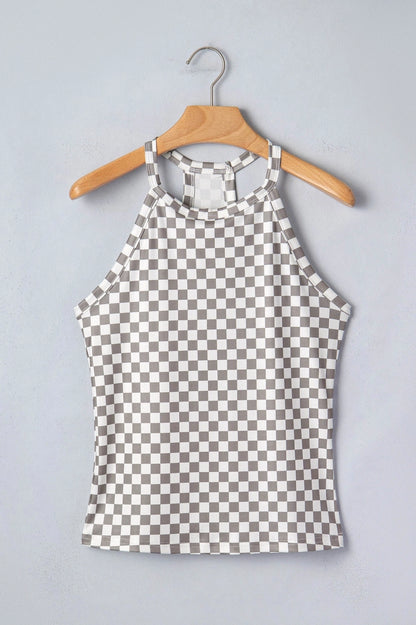 Gray Checkered Texture Halter Neck Tank