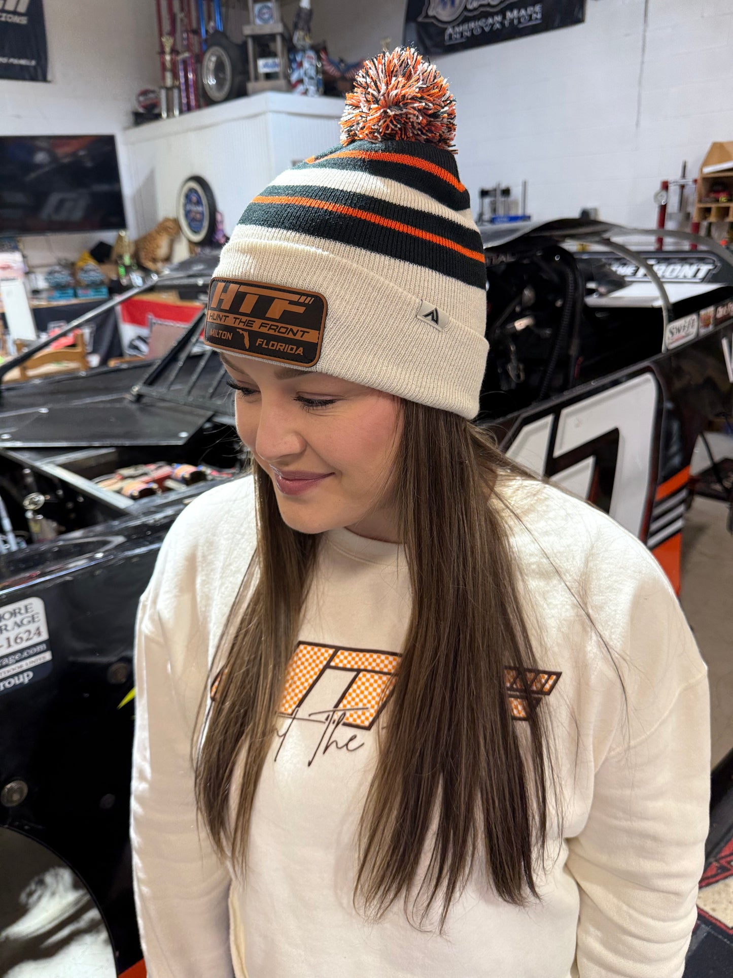 Pom-Pom Leather Patch Beanie