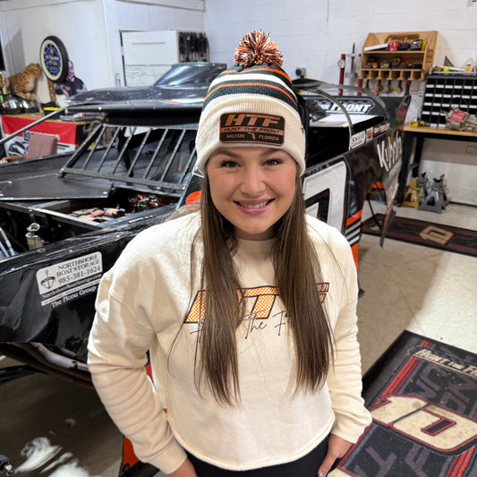 Pom-Pom Leather Patch Beanie