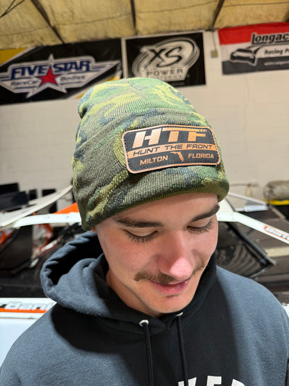 Green Camo Leather Patch Beanie