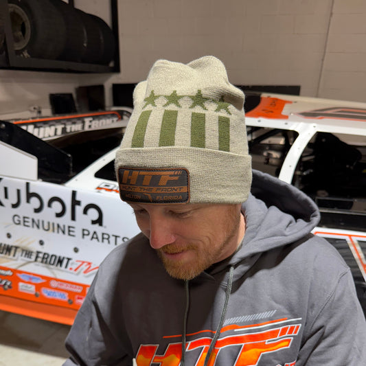 Khaki Stars & Stripes Leather Patch Beanie