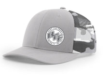 Load image into Gallery viewer, Slanted HTF Circle Logo Trucker Hat - Gray Camo
