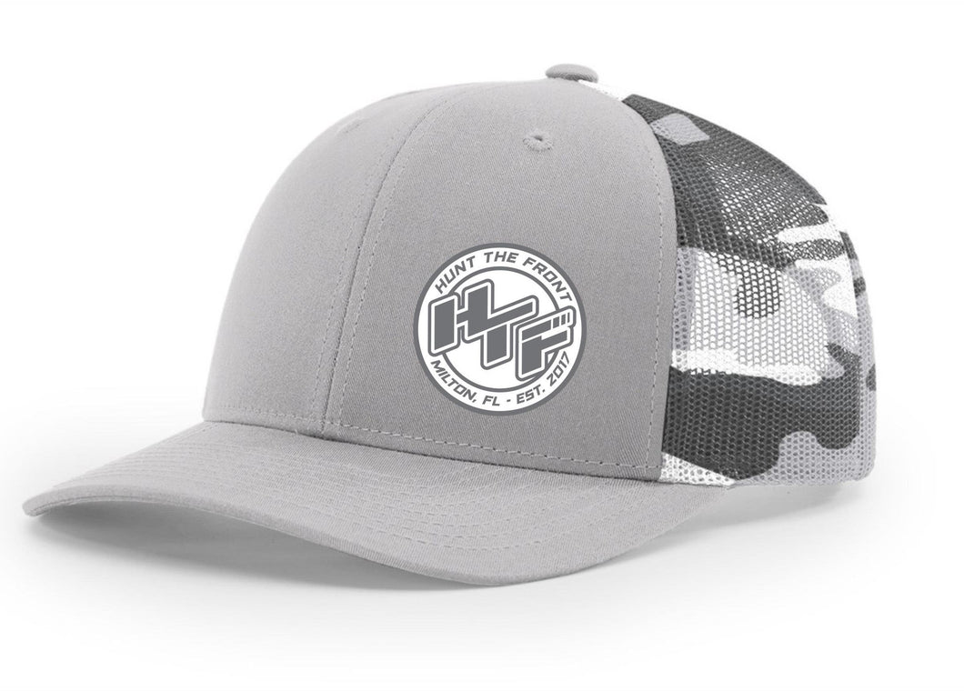 Slanted HTF Circle Logo Trucker Hat - Gray Camo