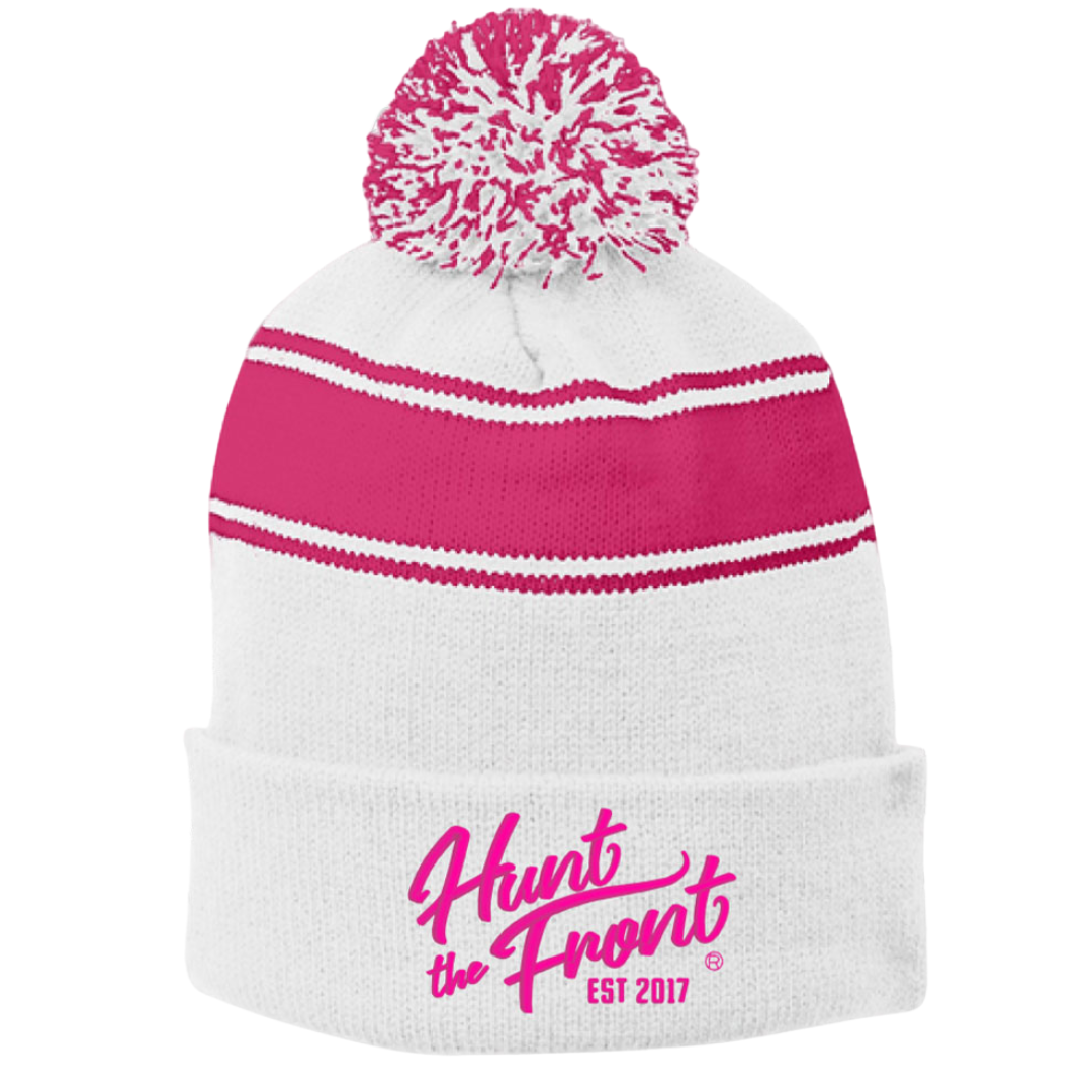 White & Pink Pom-Pom Beanie