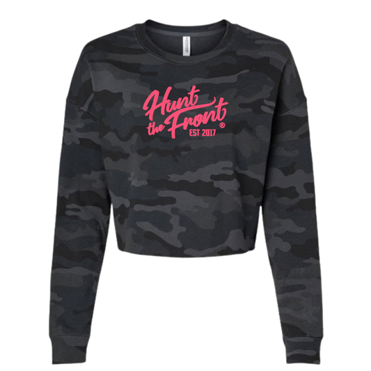 Pink Embroidered Script Logo Black Camo Crop