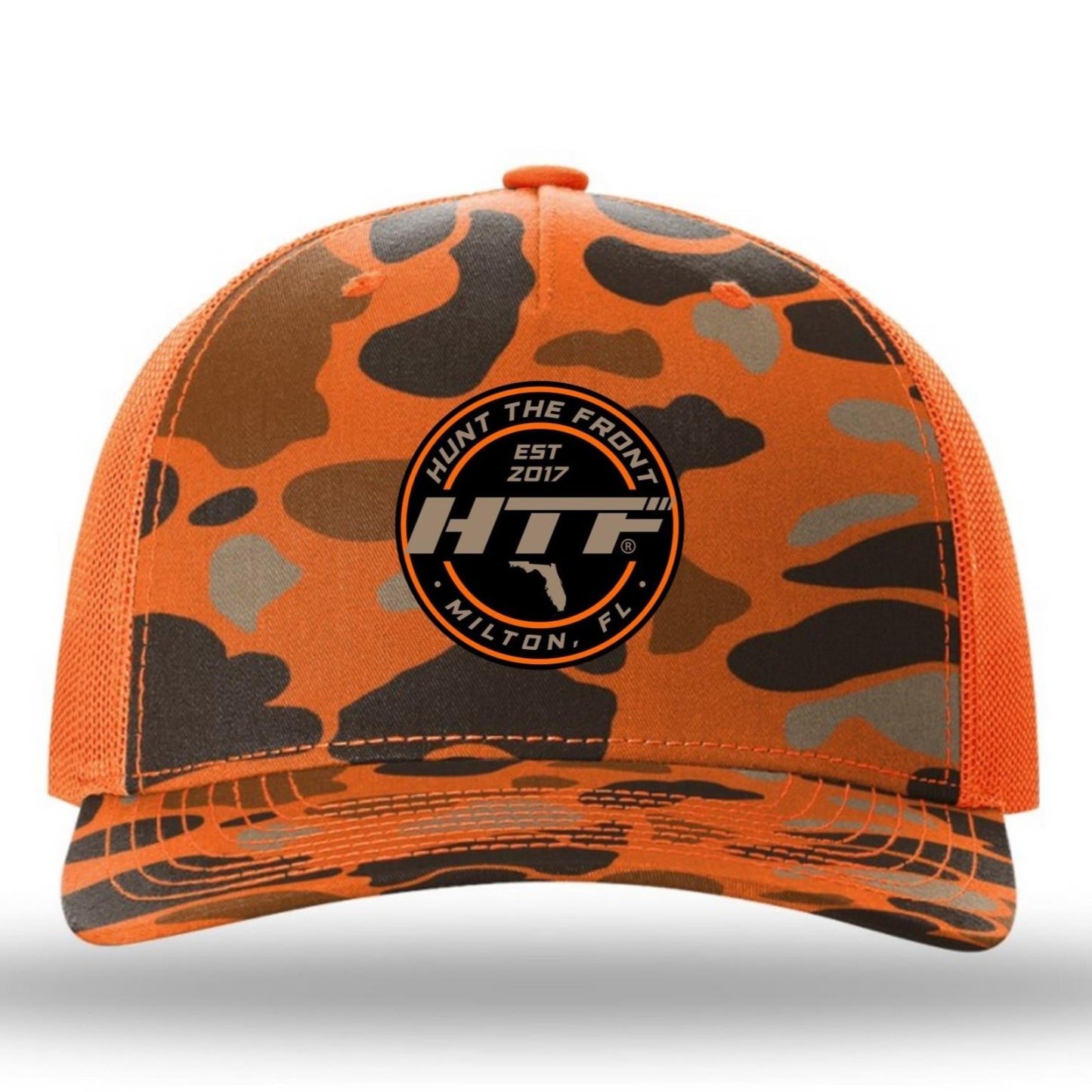 Orange Duck Camo HTF Circle Logo Trucker Hat
